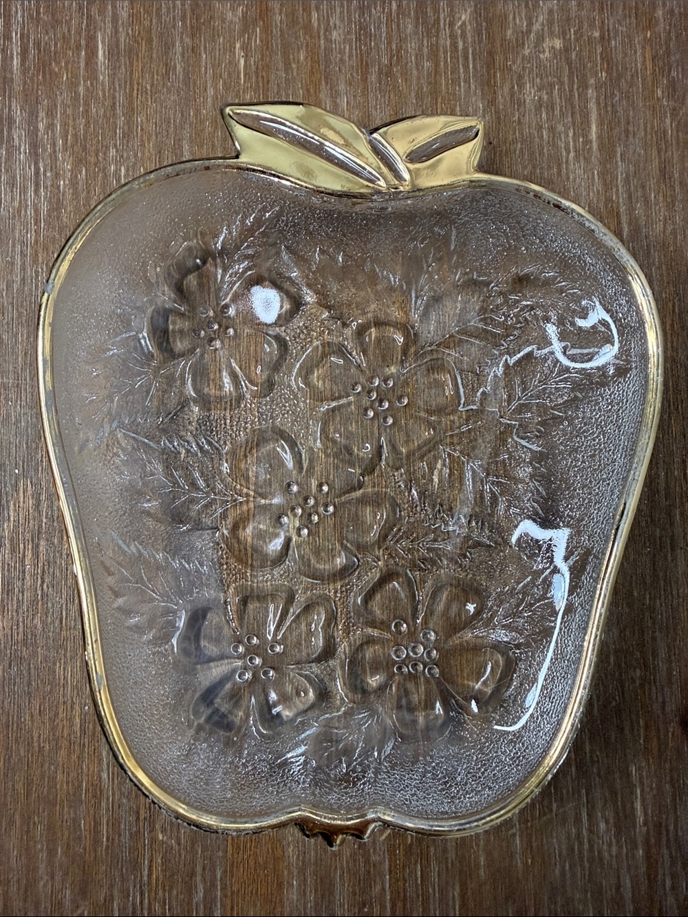 VTG Hazel Atlas MCM Apple Shaped Trinket Candy Dish Embossed Gold Trim 50s